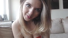 Blonde teen masturbates with toy and cums on it